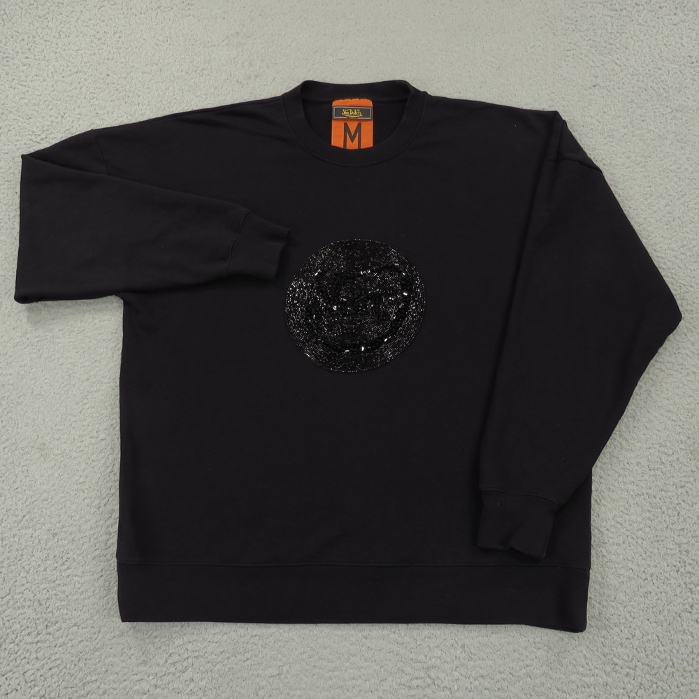 Von Dutch Mens Sweatshirt Medium Black Monogram Beaded Sequin Pullover Y2K Italy